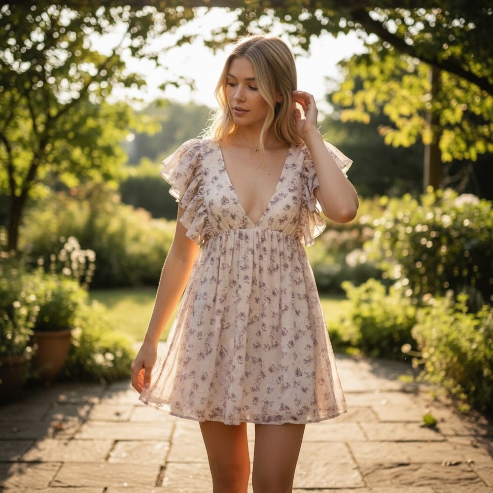 STORIA | Floral Babydoll Dress Women L Pink Purple Ruffle Chiffon Cottagecore